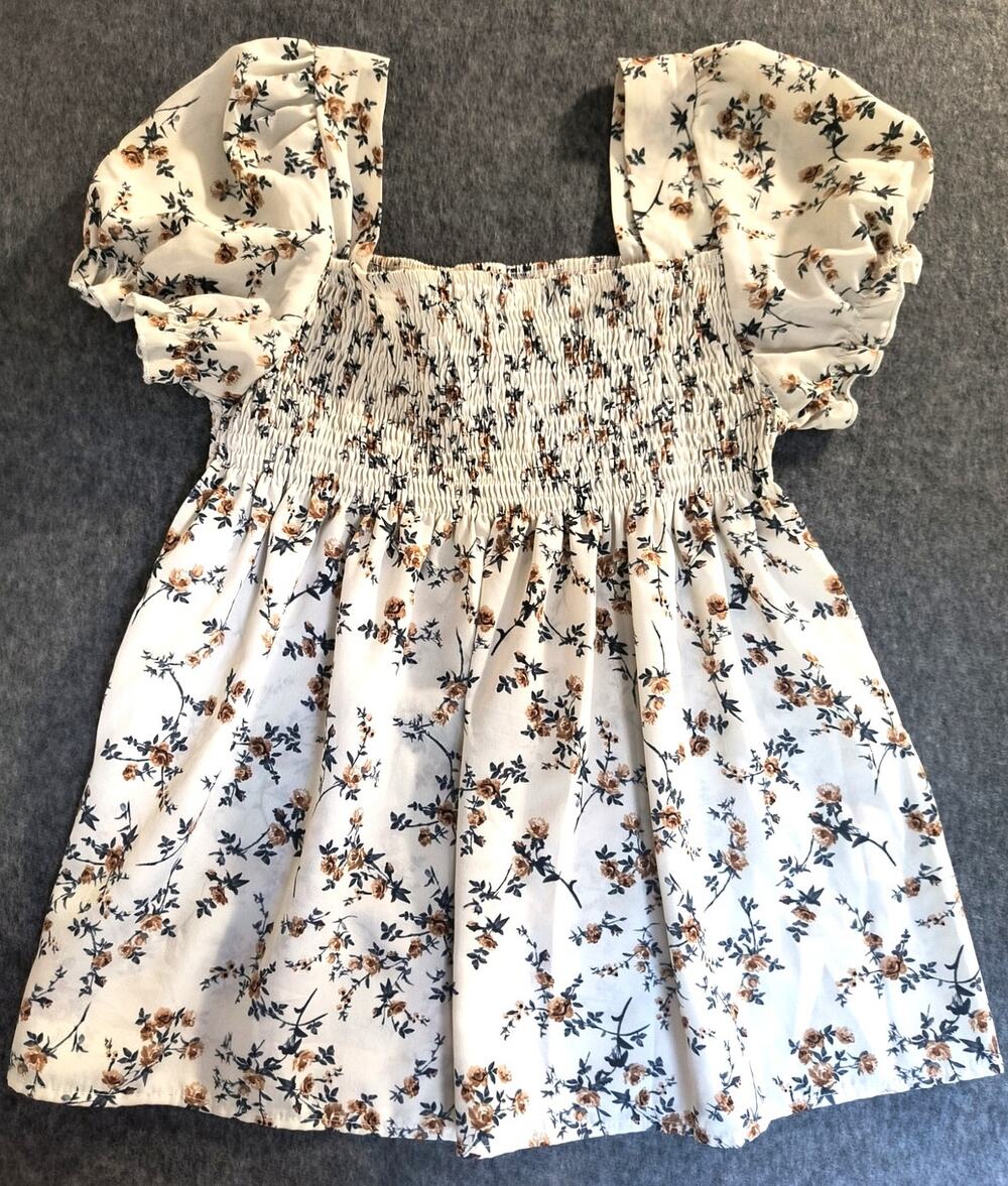 Cream colored Floral Puff Sleeve Babydoll Top - Size 16Y